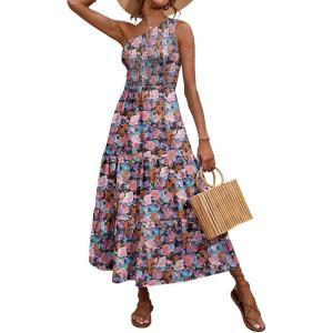 BTFBM 2026 Summer One Shoulder Dresses for Women Casual Spring Sleeveless Floral Flowy Smocked Boho Beach Maxi Dress(Floral Black Pink Blue)