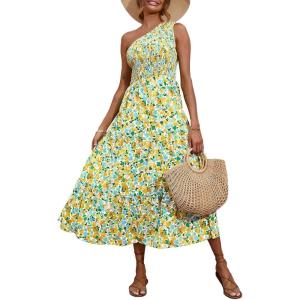 BTFBM 2026 Summer One Shoulder Dresses for Women Casual Spring Sleeveless Floral Flowy Smocked Boho Beach Maxi Dress(Floral White Yellow)