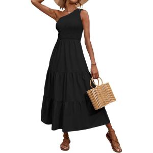 BTFBM 2026 Summer One Shoulder Dresses for Women Casual Spring Sleeveless Floral Flowy Smocked Boho Beach Maxi Dress(Solid Black)