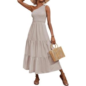 BTFBM 2026 Summer One Shoulder Dresses for Women Casual Spring Sleeveless Floral Flowy Smocked Boho Beach Maxi Dress(Solid Light Khaki)