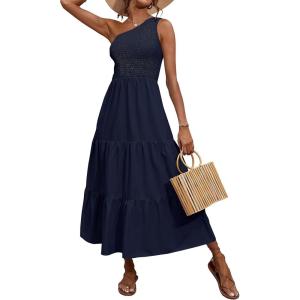 BTFBM 2026 Summer One Shoulder Dresses for Women Casual Spring Sleeveless Floral Flowy Smocked Boho Beach Maxi Dress(Solid Navy)