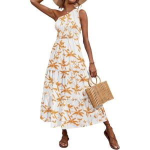 BTFBM 2026 Summer One Shoulder Dresses for Women Casual Spring Sleeveless Floral Flowy Smocked Boho Beach Maxi Dress(Tree Yellow White)