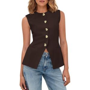 BTFBM Blazers for Women Vest Tops Business Casual Outfits Button Down Sleeveless Pockets Office Work Clothes Spring 2026(Brown)