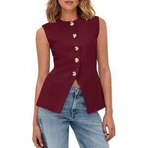 BTFBM Blazers for Women Vest Tops Business Casual Outfits Button Down Sleeveless Pockets Office Work Clothes Spring 2026(Burgundy)
