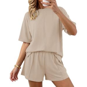 BTFBM Casual 2 Piece Sets For Women Summer 2026 Short Sleeve Tops Shorts Spring Lounge Matching Workout Airport Outfits(Beige)