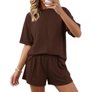 BTFBM Casual 2 Piece Sets For Women Summer 2026 Short Sleeve Tops Shorts Spring Lounge Matching Workout Airport Outfits(Dark Brown)