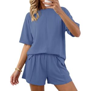 BTFBM Casual 2 Piece Sets For Women Summer 2026 Short Sleeve Tops Shorts Spring Lounge Matching Workout Airport Outfits(Grey Blue)