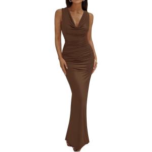 BTFBM Cocktail Dresses for Women Spring 2026 Cowl Neck Sleeveless Ruched Slim Fit Maxi Formal Wedding Guest Dress(Brown)
