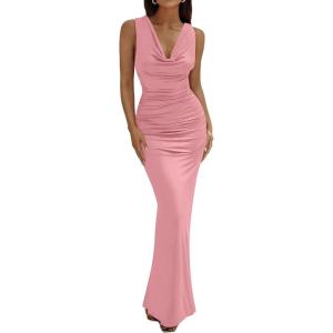 BTFBM Cocktail Dresses for Women Spring 2026 Cowl Neck Sleeveless Ruched Slim Fit Maxi Formal Wedding Guest Dress(Pink)