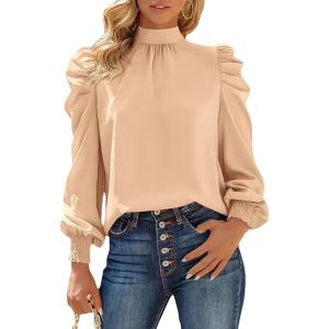 BTFBM Mock Neck Long Sleeve Blouses for Women Dressy Casual Business Work Shirts 2025 Spring Fall Clothes Satin Tops(Apricot)