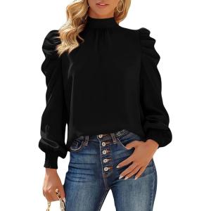 BTFBM Mock Neck Long Sleeve Blouses for Women Dressy Casual Business Work Shirts 2025 Spring Fall Clothes Satin Tops(Black)