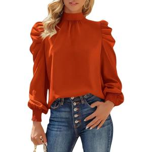 BTFBM Mock Neck Long Sleeve Blouses for Women Dressy Casual Business Work Shirts 2025 Spring Fall Clothes Satin Tops(Brick Red)