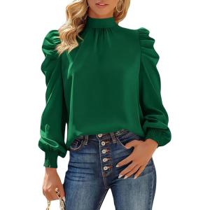 BTFBM Mock Neck Long Sleeve Blouses for Women Dressy Casual Business Work Shirts 2025 Spring Fall Clothes Satin Tops(Dark Green)