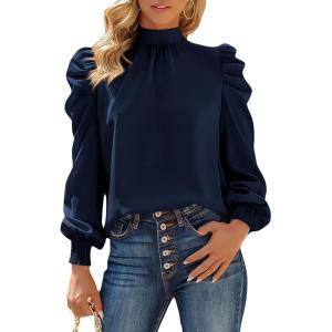 BTFBM Mock Neck Long Sleeve Blouses for Women Dressy Casual Business Work Shirts 2025 Spring Fall Clothes Satin Tops(Navy)