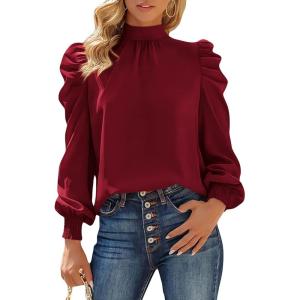 BTFBM Mock Neck Long Sleeve Blouses for Women Dressy Casual Business Work Shirts 2025 Spring Fall Clothes Satin Tops(Wine Red)