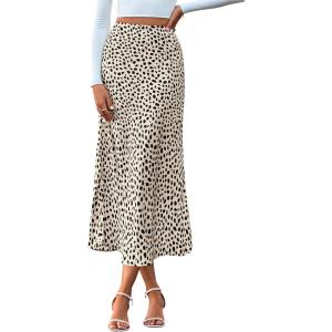 BTFBM Satin Skirts for Women Trendy Spring Summer 2026 High Waisted Leopard Print Cocktail Wedding Long Silk Midi Skirt(Apricot Black)