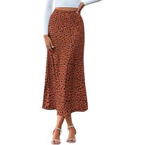 BTFBM Satin Skirts for Women Trendy Spring Summer 2026 High Waisted Leopard Print Cocktail Wedding Long Silk Midi Skirt(Brick Red Black)