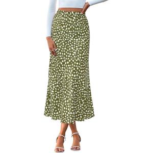 BTFBM Satin Skirts for Women Trendy Spring Summer 2026 High Waisted Leopard Print Cocktail Wedding Long Silk Midi Skirt(Dot Army Green White)