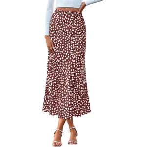 BTFBM Satin Skirts for Women Trendy Spring Summer 2026 High Waisted Leopard Print Cocktail Wedding Long Silk Midi Skirt(Dot Wine Red White)