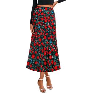 BTFBM Satin Skirts for Women Trendy Spring Summer 2026 High Waisted Leopard Print Cocktail Wedding Long Silk Midi Skirt(Floral Black Red)