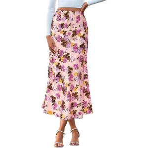 BTFBM Satin Skirts for Women Trendy Spring Summer 2026 High Waisted Leopard Print Cocktail Wedding Long Silk Midi Skirt(Floral Pink)