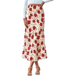 BTFBM Satin Skirts for Women Trendy Spring Summer 2026 High Waisted Leopard Print Cocktail Wedding Long Silk Midi Skirt(Floral Red)