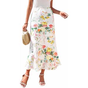 BTFBM Satin Skirts for Women Trendy Spring Summer 2026 High Waisted Leopard Print Cocktail Wedding Long Silk Midi Skirt(Floral White)