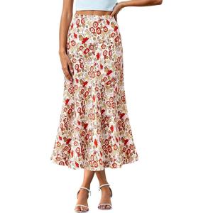 BTFBM Satin Skirts for Women Trendy Spring Summer 2026 High Waisted Leopard Print Cocktail Wedding Long Silk Midi Skirt(Floral White Red)