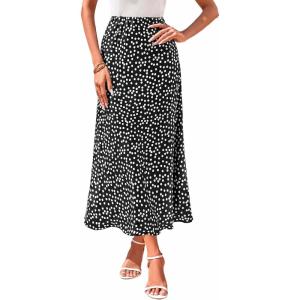 BTFBM Satin Skirts for Women Trendy Spring Summer 2026 High Waisted Leopard Print Cocktail Wedding Long Silk Midi Skirt(Polka Dot Black White)