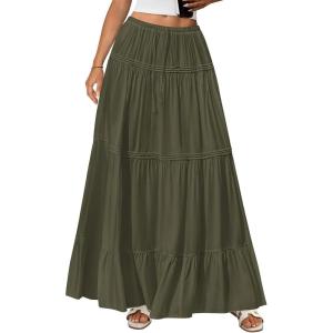 BTFBM Skirts for Women 2026 Summer Boho Beach Vacation Clothes Casual Pleated High Waisted Flowy Maxi Skirt(Army Green)