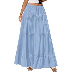 BTFBM Skirts for Women 2026 Summer Boho Beach Vacation Clothes Casual Pleated High Waisted Flowy Maxi Skirt(Blue)