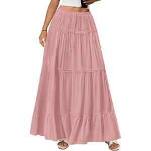 BTFBM Skirts for Women 2026 Summer Boho Beach Vacation Clothes Casual Pleated High Waisted Flowy Maxi Skirt(Pink)