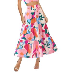 BTFBM Skirts for Women Floral Print Fall Fashion 2026 A Line Elastic High Waist Boho Holiday Maxi Skirt Pockets(Floral Apricot Rose Red)