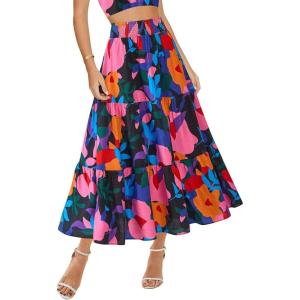 BTFBM Skirts for Women Floral Print Fall Fashion 2026 A Line Elastic High Waist Boho Holiday Maxi Skirt Pockets(Floral Black)