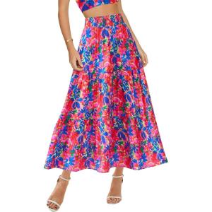BTFBM Skirts for Women Floral Print Fall Fashion 2026 A Line Elastic High Waist Boho Holiday Maxi Skirt Pockets(Floral Blue Pink)