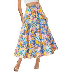 BTFBM Skirts for Women Floral Print Fall Fashion 2026 A Line Elastic High Waist Boho Holiday Maxi Skirt Pockets(Floral Multicolour)