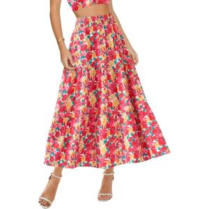 BTFBM Skirts for Women Floral Print Fall Fashion 2026 A Line Elastic High Waist Boho Holiday Maxi Skirt Pockets(Floral Red Yellow)