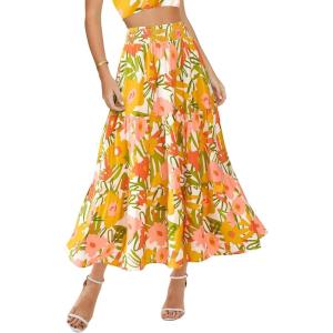 BTFBM Skirts for Women Floral Print Fall Fashion 2026 A Line Elastic High Waist Boho Holiday Maxi Skirt Pockets(Floral White Yellow)