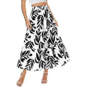 BTFBM Skirts for Women Floral Print Fall Fashion 2026 A Line Elastic High Waist Boho Holiday Maxi Skirt Pockets(Leaf Black)