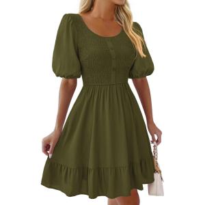 BTFBM Spring Empire Waist Dress for Women 2025 Summer Smocked Crewneck Puff Short Sleeve Beach Vacation Mini Dresses(Army Green)