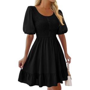 BTFBM Spring Empire Waist Dress for Women 2025 Summer Smocked Crewneck Puff Short Sleeve Beach Vacation Mini Dresses(Black)
