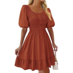 BTFBM Spring Empire Waist Dress for Women 2025 Summer Smocked Crewneck Puff Short Sleeve Beach Vacation Mini Dresses(Brick Red)