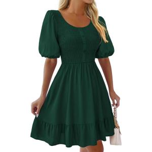 BTFBM Spring Empire Waist Dress for Women 2025 Summer Smocked Crewneck Puff Short Sleeve Beach Vacation Mini Dresses(Green)