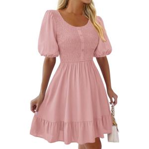 BTFBM Spring Empire Waist Dress for Women 2025 Summer Smocked Crewneck Puff Short Sleeve Beach Vacation Mini Dresses(Pink)