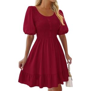 BTFBM Spring Empire Waist Dress for Women 2025 Summer Smocked Crewneck Puff Short Sleeve Beach Vacation Mini Dresses(Red)