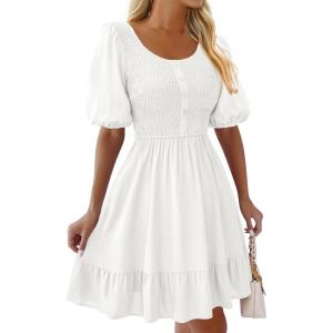 BTFBM Spring Empire Waist Dress for Women 2025 Summer Smocked Crewneck Puff Short Sleeve Beach Vacation Mini Dresses(White)