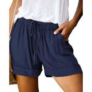 BTFBM Spring Shorts for Women 2026 Summer Casual Elastic Waist Drawstring Lightweight Beach Lounge Short Pants Pockets(Solid Dark Blue)