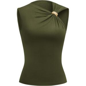 BTFBM Spring Tops for Women 2026 Asymmetrical Neck Sleeveless Going Out Summer Outfits Casual Ruched Y2k Tank Top Clothes(Army Green)