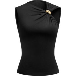 BTFBM Spring Tops for Women 2026 Asymmetrical Neck Sleeveless Going Out Summer Outfits Casual Ruched Y2k Tank Top Clothes(Black)