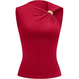 BTFBM Spring Tops for Women 2026 Asymmetrical Neck Sleeveless Going Out Summer Outfits Casual Ruched Y2k Tank Top Clothes(Red)